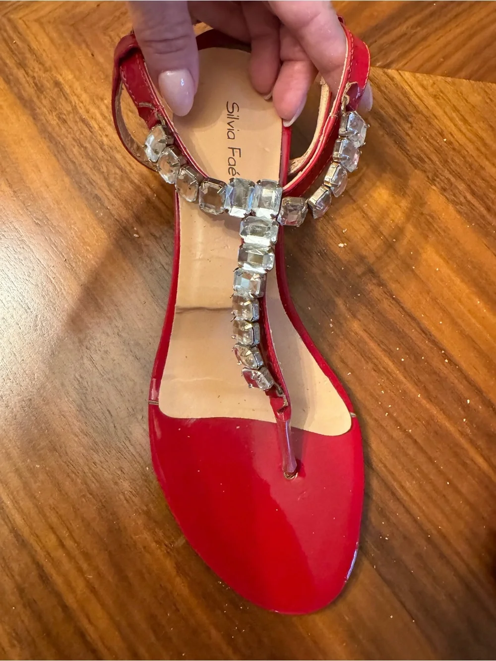 Silvia Faé Red Patent Rhinestone T-Strap Block Heel Sandals Size 10
